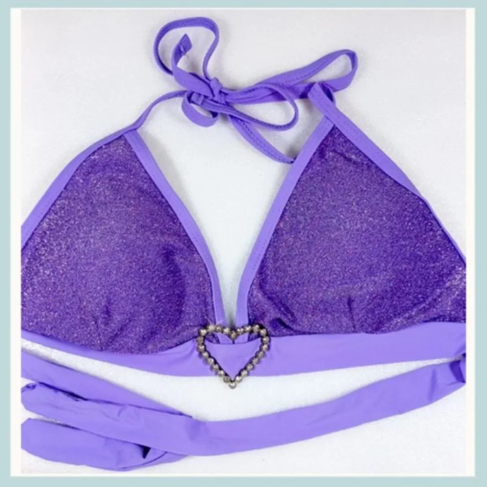 Purple Heart Glitter Bikini Top Size M/L, Triangle Bikini Top with Heart Pin - Picture 7 of 7